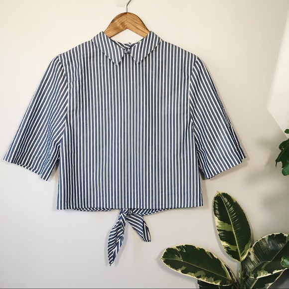 Zara Tops - Zara Striped Button Down Tie Boxy Short Sleeve Top